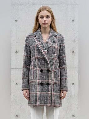 Pink Martini Gray Plaid Double-Breasted Pea Coat with Pink Accents